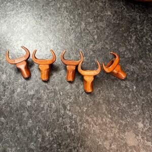 Vintage Hand Carved Wood Bull Head Napkin Rings Set of 5 Western Ranch